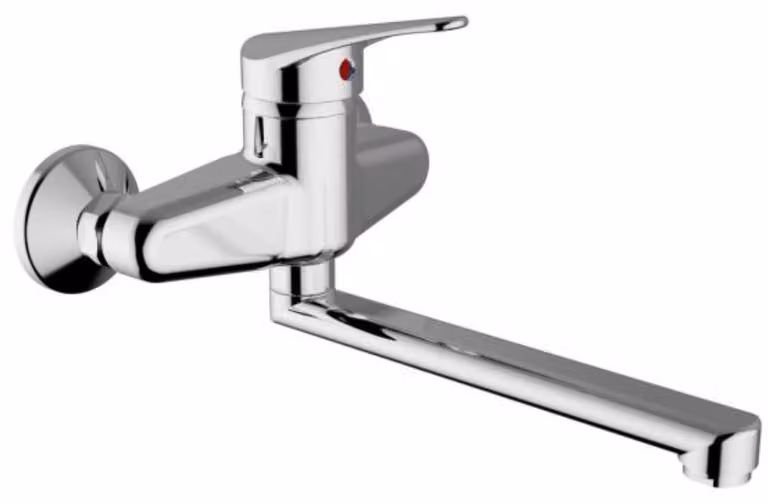 Schläfer 480110 | Miscelatore Lavello a Parete Start Cromo con canna girevole, Adatto la per Cucina, Bagno, Lavanderia, Rubinetto a Muro eccentrici a S - int. fori 15/17 cm