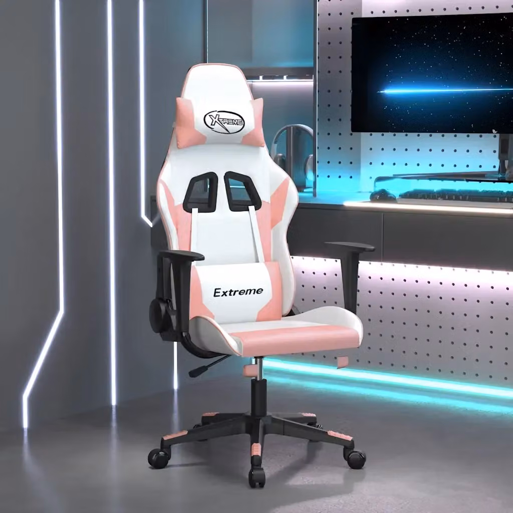Sedia da Gaming Bianco e Rosa in Similpelle con Poggiatesta e Ruote Ruotabili – 2