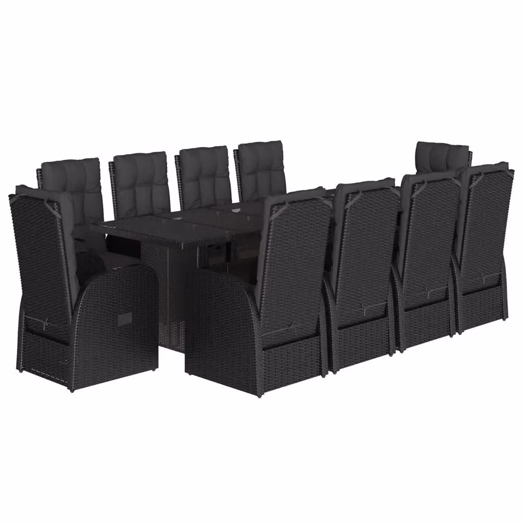 Set da Pranzo da Giardino vidaXL in Polyrattan Nero con Cuscini e Tavolo in Vetro, 11 Pezzi – 2