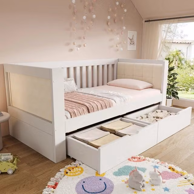 Daybed moderno in legno bianco con 2 cassetti e struttura imbottita in velluto, L/P: 200 x 90 cm