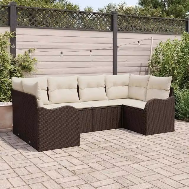 Set Divano da Giardino a L vidaXL 6 pz Marrone e Bianco con Cuscini e Struttura in Acciaio e Rattan – 1