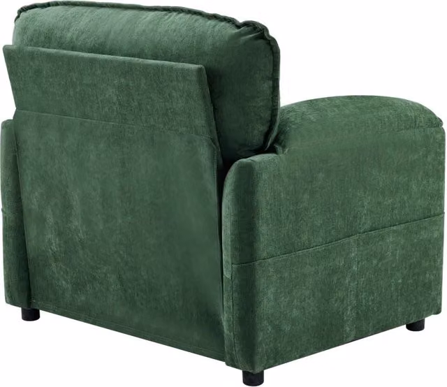 Divano singolo verde scuro in velluto chenille con doppie tasche laterali per riporre, adatto a piccoli spazi
