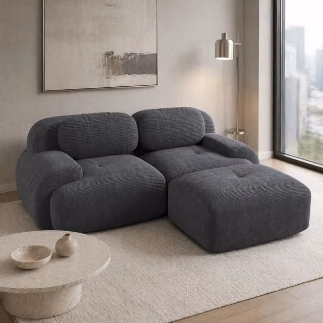 Divano angolare modulare 208x178x70 cm in tessuto grigio, senza montaggio, per soggiorno –