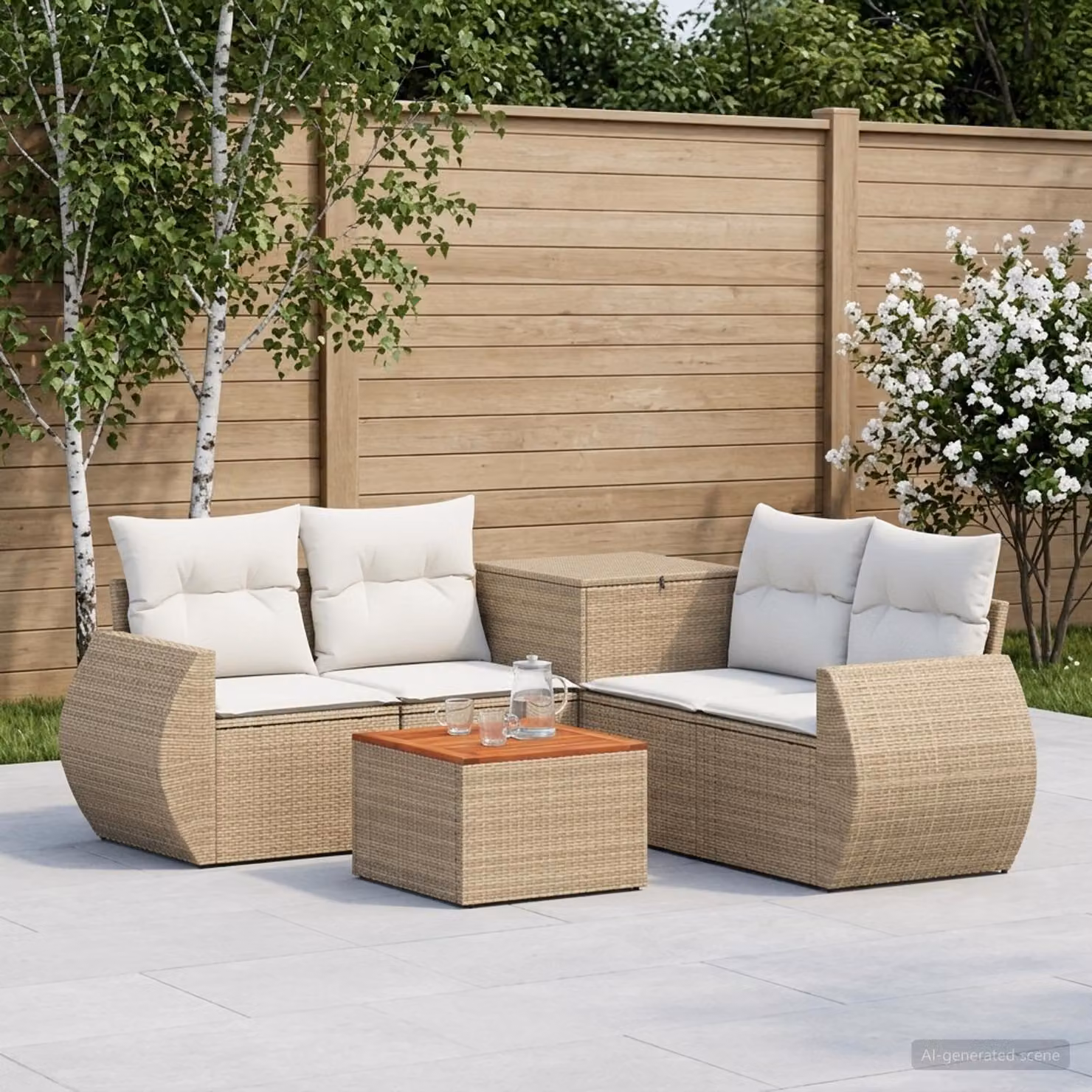 Set di divani da giardino vidaXL in polyrattan con forma a L, colore beige e bianco crema, composto da 6 pezzi con cuscini inclusi e tavolino da caffè