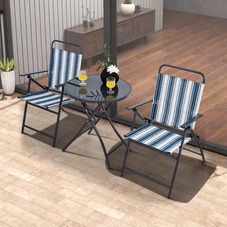 Set mobili da giardino Costway composto da tavolino rotondo in vetro e 2 sedie pieghevoli con telaio in metallo verniciato a polvere