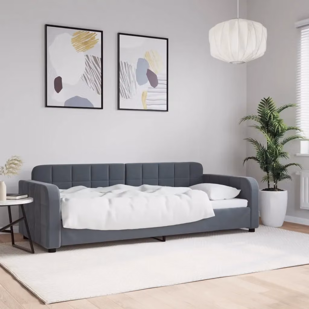 Letto singolo moderno per adulti in velluto grigio con struttura imbottita, L: 80 cm, P: 200 cm – 2