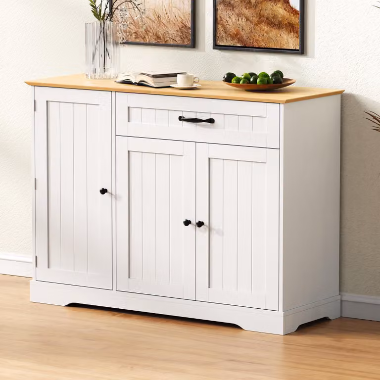 Flieks: credenza moderna con 3 ante e un cassetto, 107x40x84 cm, comò, bianco + naturale
