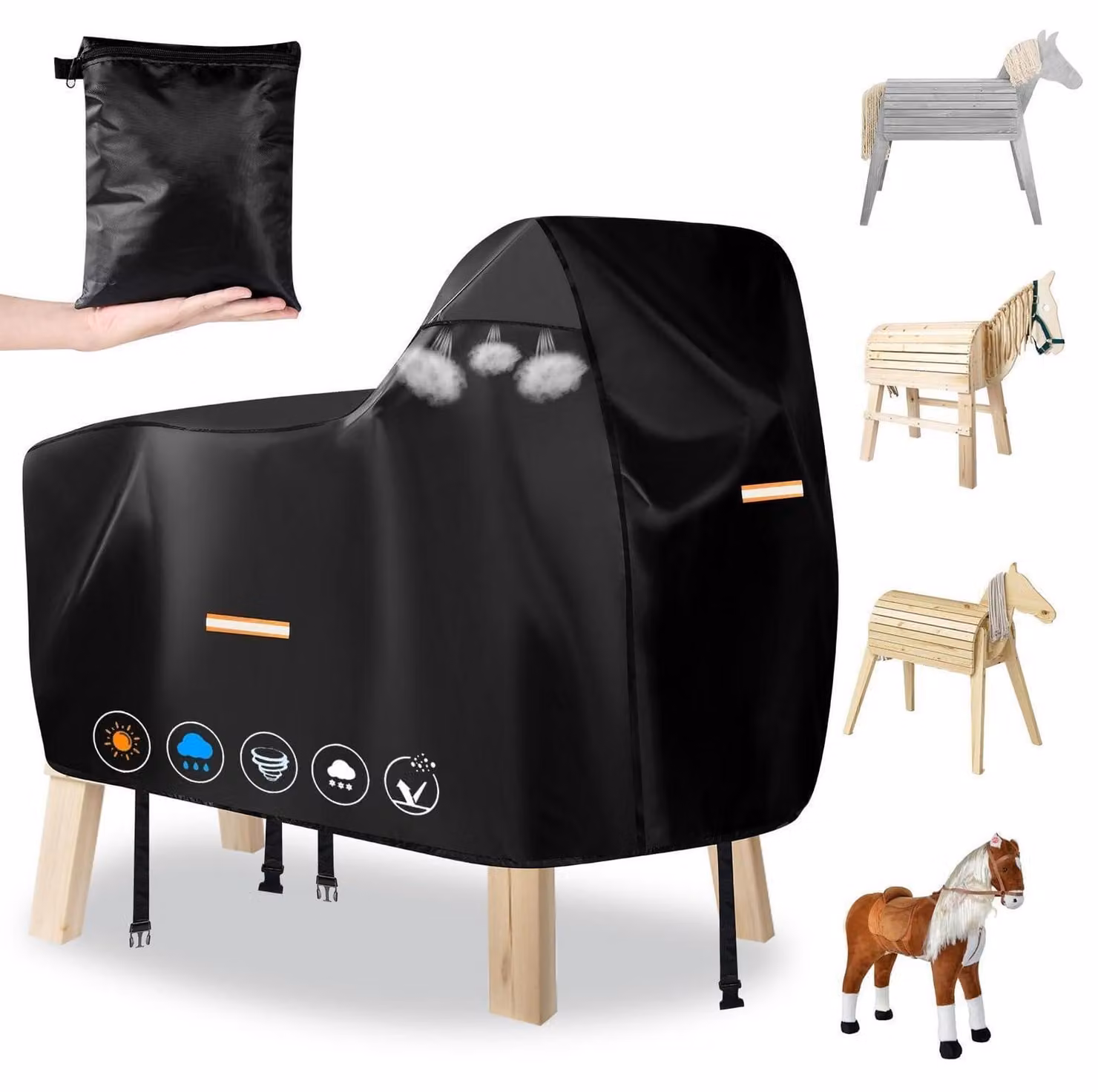 Copertura per cavalli in legno, realizzata in tessuto Oxford 420D, impermeabile, adatta per uso esterno, dimensioni 160x110x70 cm, colore nero, con aperture di ventilazione e strisce riflettenti