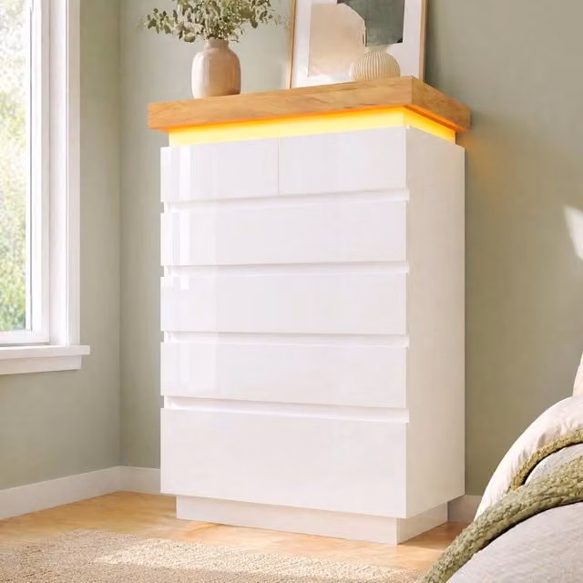 Credenza con 6 cassetti e illuminazione LED; 115 x 73 x 39 cm; bianca