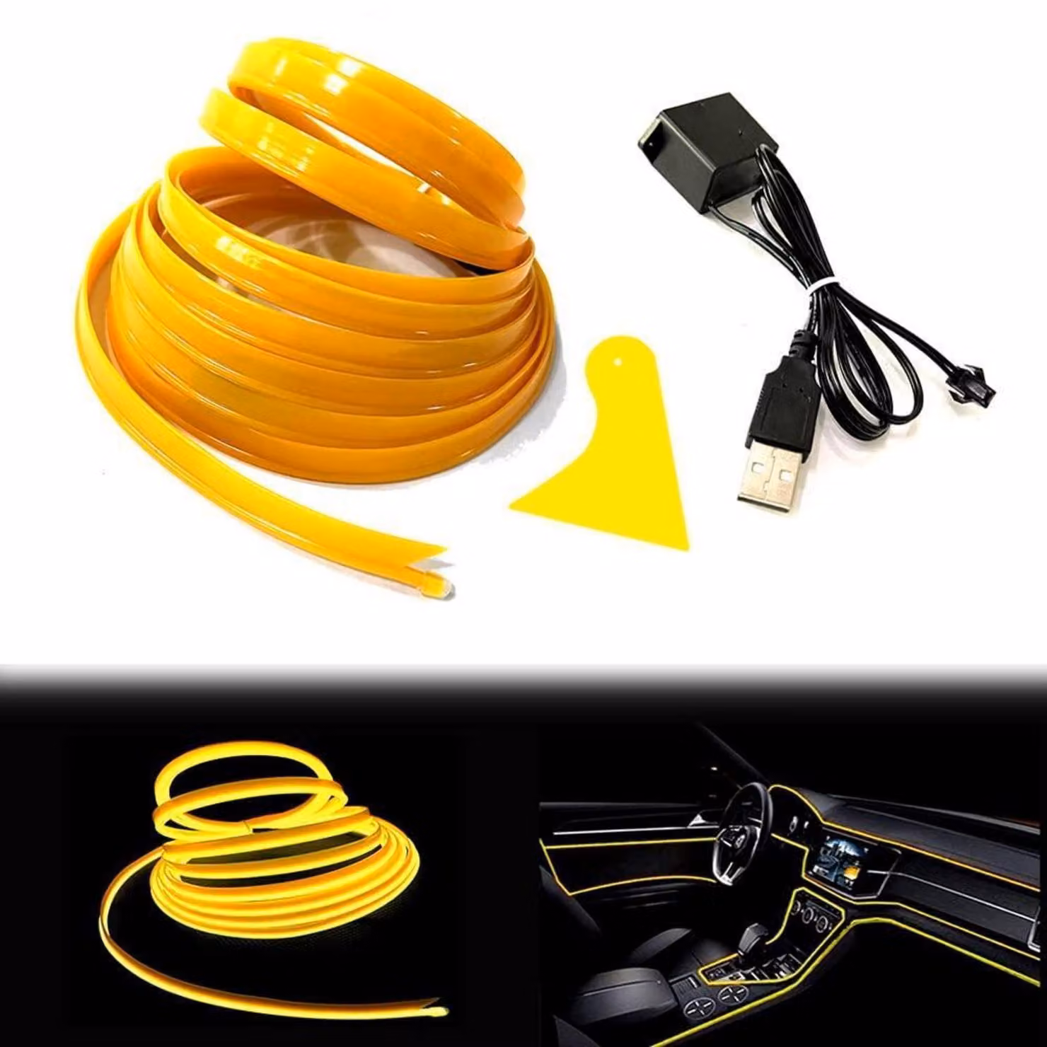 EL-Wire giallo 3M, tubo neon flessibile a corrente continua da 5V, ideale per illuminazione interna e decorazione di automobili