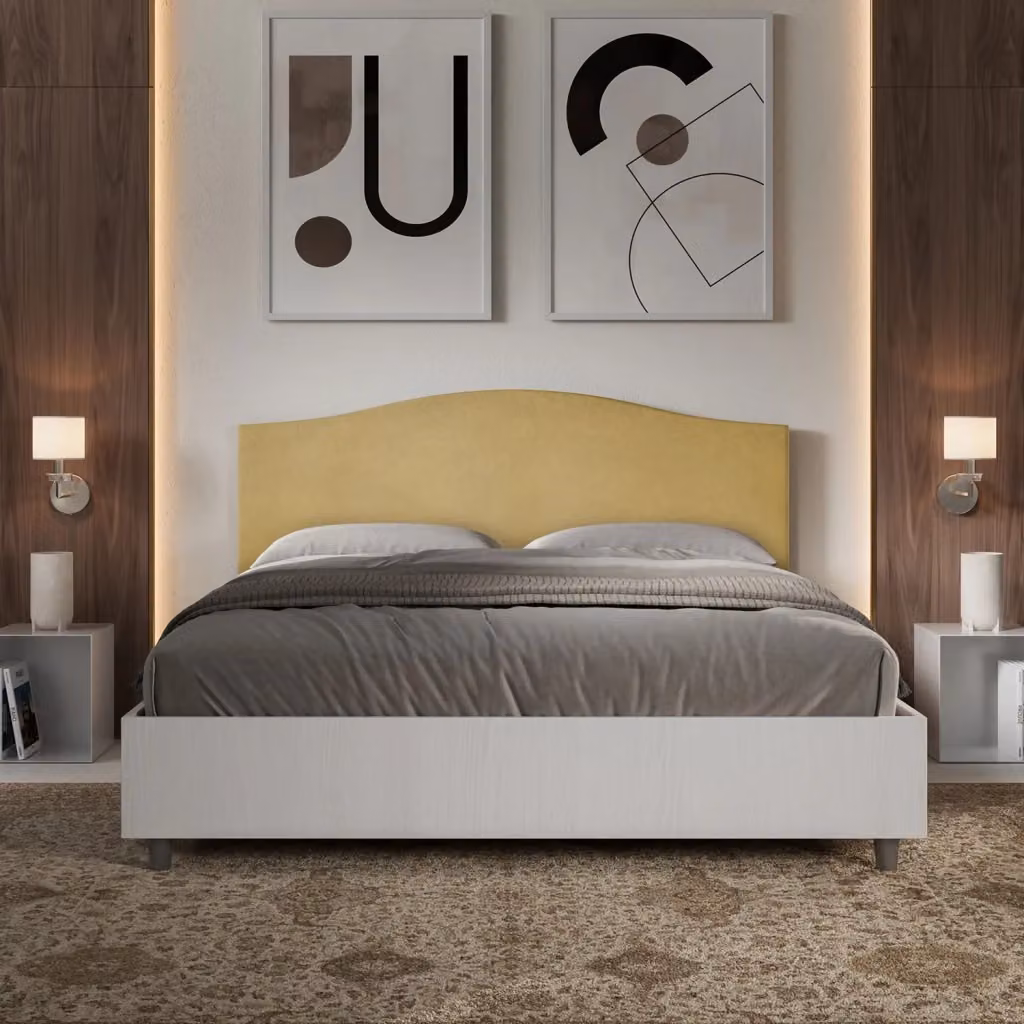 Letto Matrimoniale Giordanoshop con Contenitore a Alzata, Struttura Bianco Frassico e Testata in Microfibra, L/P/H: 160 x 200 x 115 cm – 2