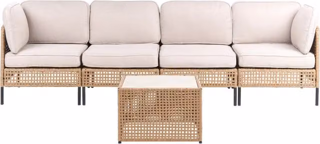 Divano da esterno con tavolino in rattan PE beige chiaro a 4 posti con struttura in metallo cuscini per seduta e schienale piano in vetro