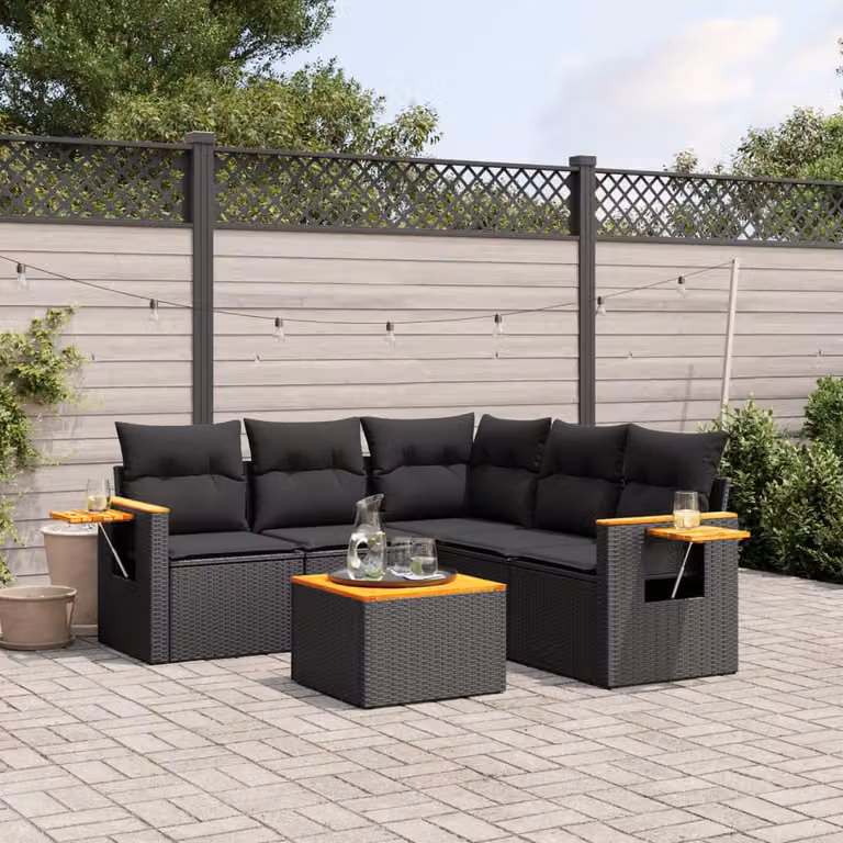 vidaXL Set Divano da Giardino a L in Polyrattan Nero con Cuscini e Tavolino da Caffè