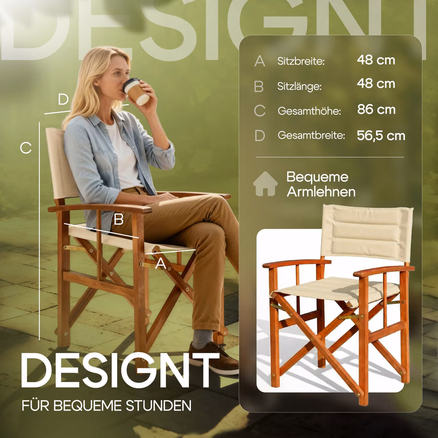Set da 2 sedie da regista Casaria in legno di eucalipto certificato FSC con cuscini beige e braccioli – 4