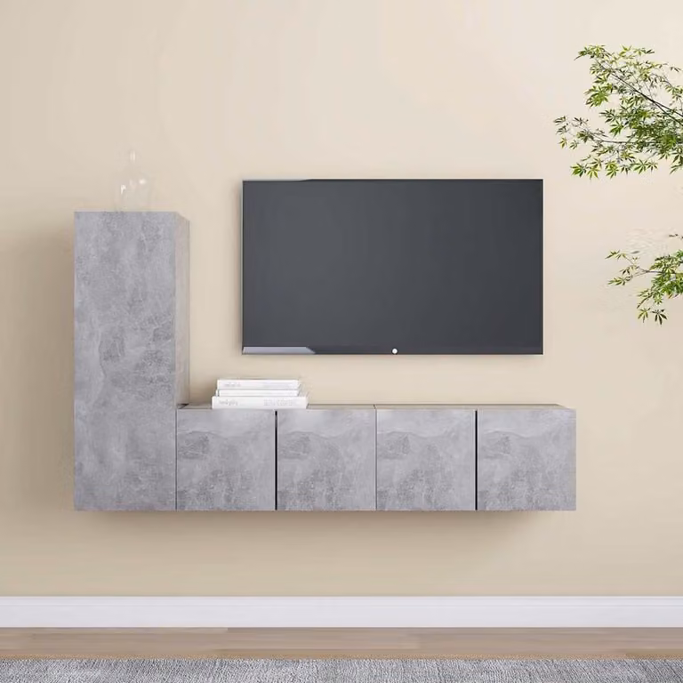 Set di mobili porta TV vidaXL in 3 pezzi, design minimalista in legno e MDF, colore grigio cemento, da appendere a parete per il tuo soggiorno