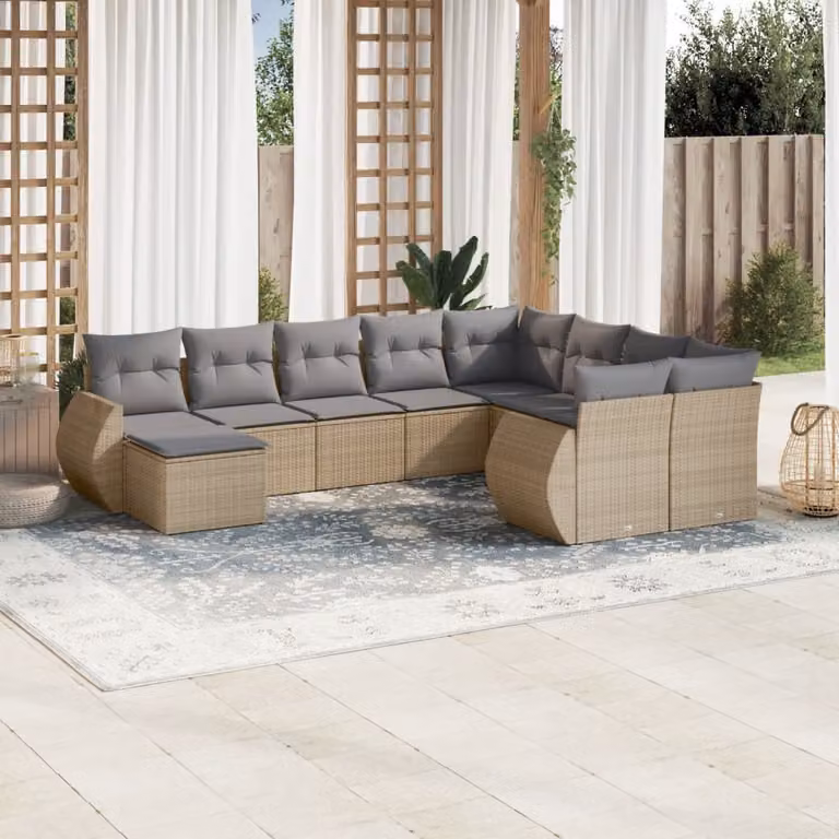 vidaXL Set Divano da Giardino 10 pz a Forma a L in Polyrattan con Cuscini Beige e Tavolino da Esterno