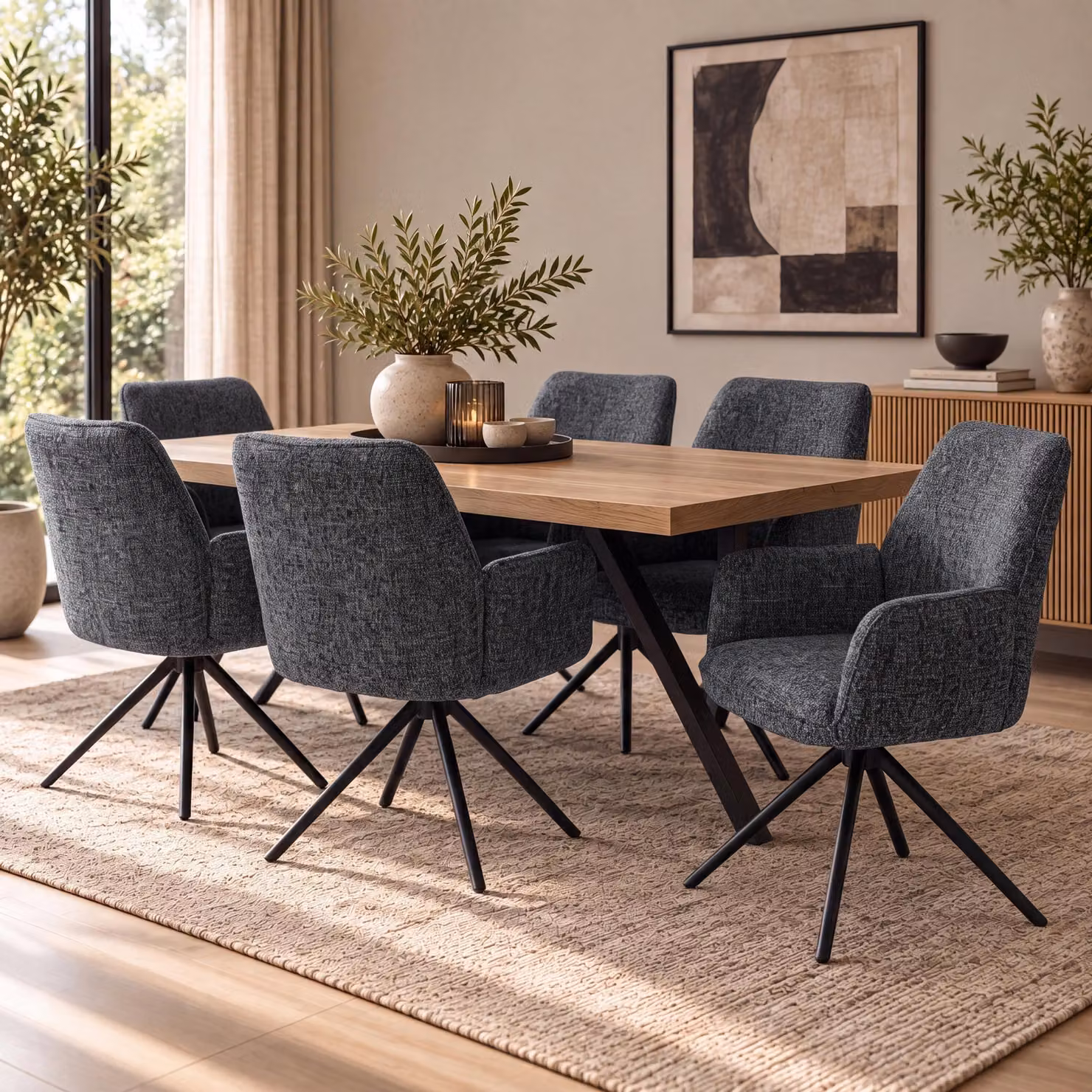 Set di 6 sedie da pranzo modello HWC-G67, girevoli, con meccanismo di auto-regolazione, rivestite in tessuto chenille (410g/m²), struttura in metallo nero, imbottitura grigio scuro