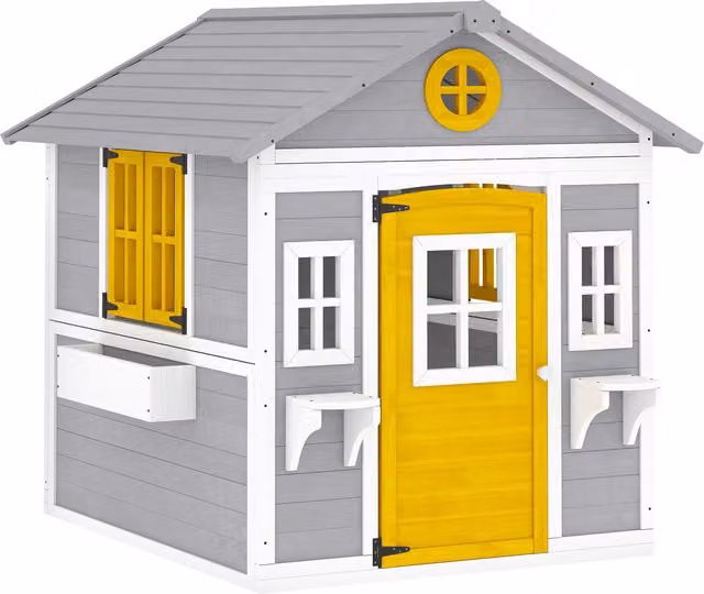 Casetta per bambini Outsunny in legno con porta, finestre e fioriere, Grigio