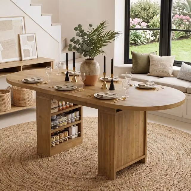 Tavolo da pranzo allungabile OKWISH in MDF laminato rovere, design scandinavo ovale marrone