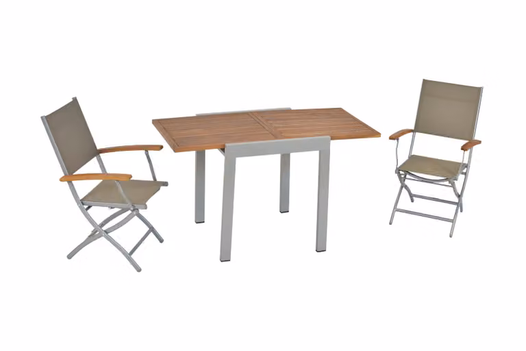 Set di mobili da giardino Merxx Naxos 3 pezzi, 2 poltrone pieghevoli, tavolo da balcone allungabile 65 (130) x 65 cm, alluminio/tessuto/acacia