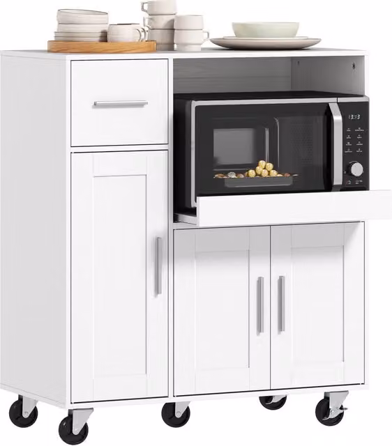 Mobiletto per Microonde in Legno Bianco, Credenza Cucina Salvaspazio con Cassetto e Armadietti, 80x40x88.7 cm
