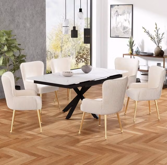 Set di 6 sedie con braccioli in velluto beige e gambe dorate