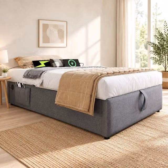 Letto contenitore 90x200 cm senza testiera con USB e USB-C in cotone e lino grigio