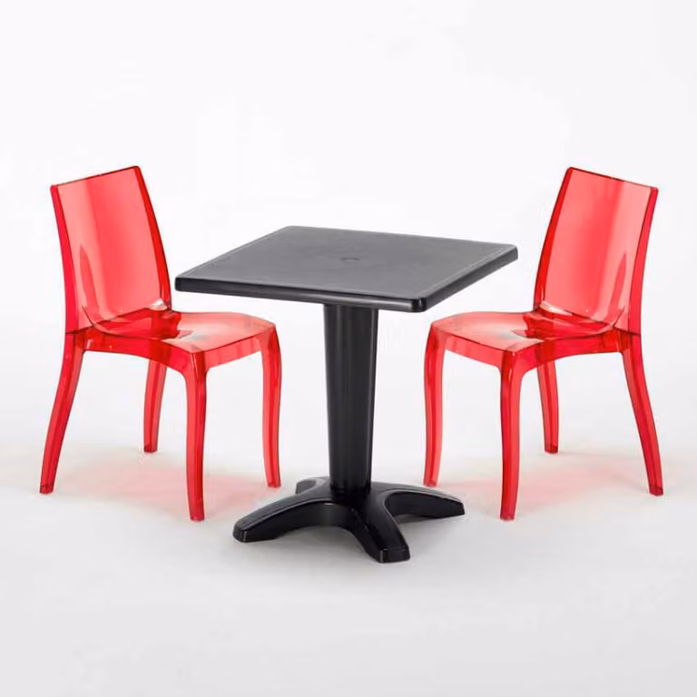 Tavolo quadrato nero e 2 sedie Set di aste per interni in polipropilene colorato Grand Soleil Cristal Light Balcony - Rosso trasparente