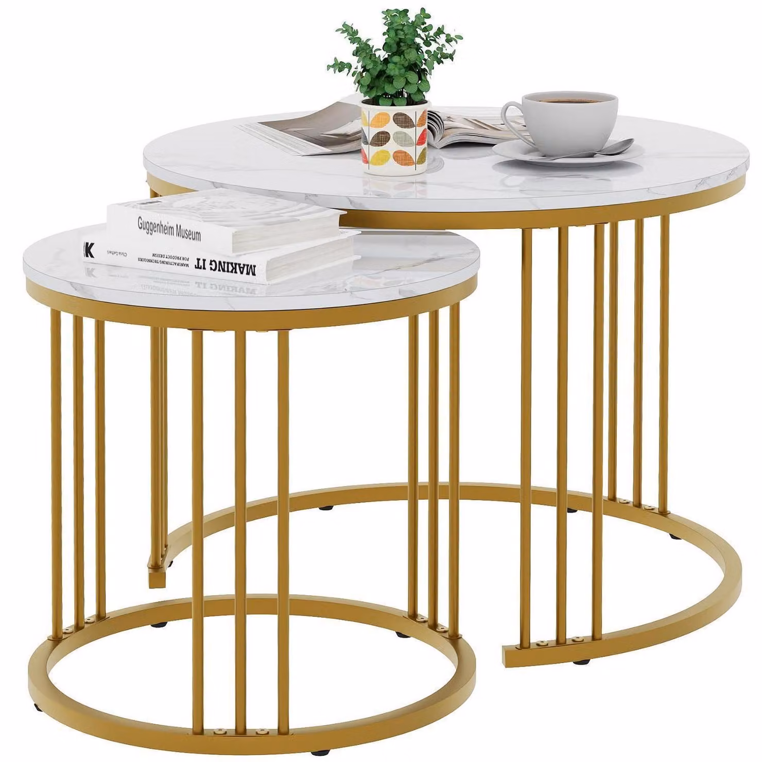 Set di tavolini da divano, forma rotonda, 2 pezzi, legno bianco, dettagli dorati, struttura in metallo