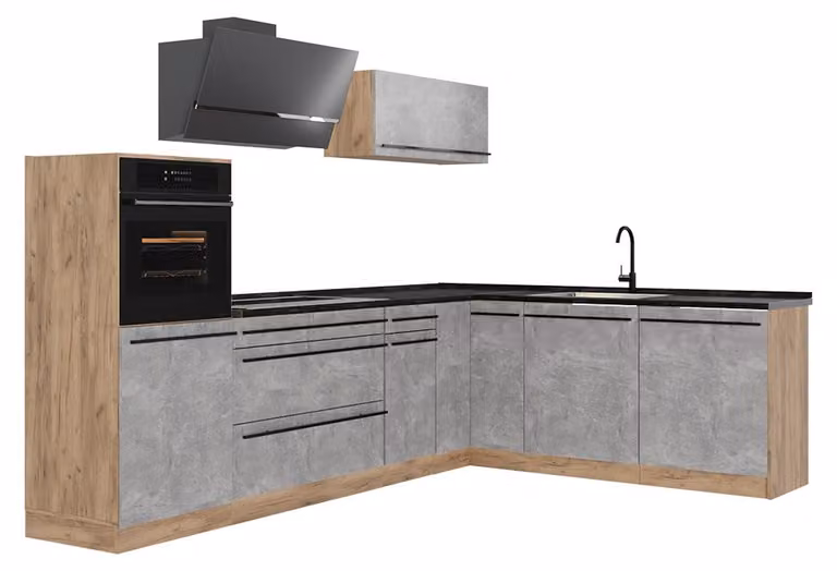 Cucina angolare completa Vicco R-Line Calcestruzzo/Rovere dorato 287 x cm piano di lavoro Antracite, Model 67461