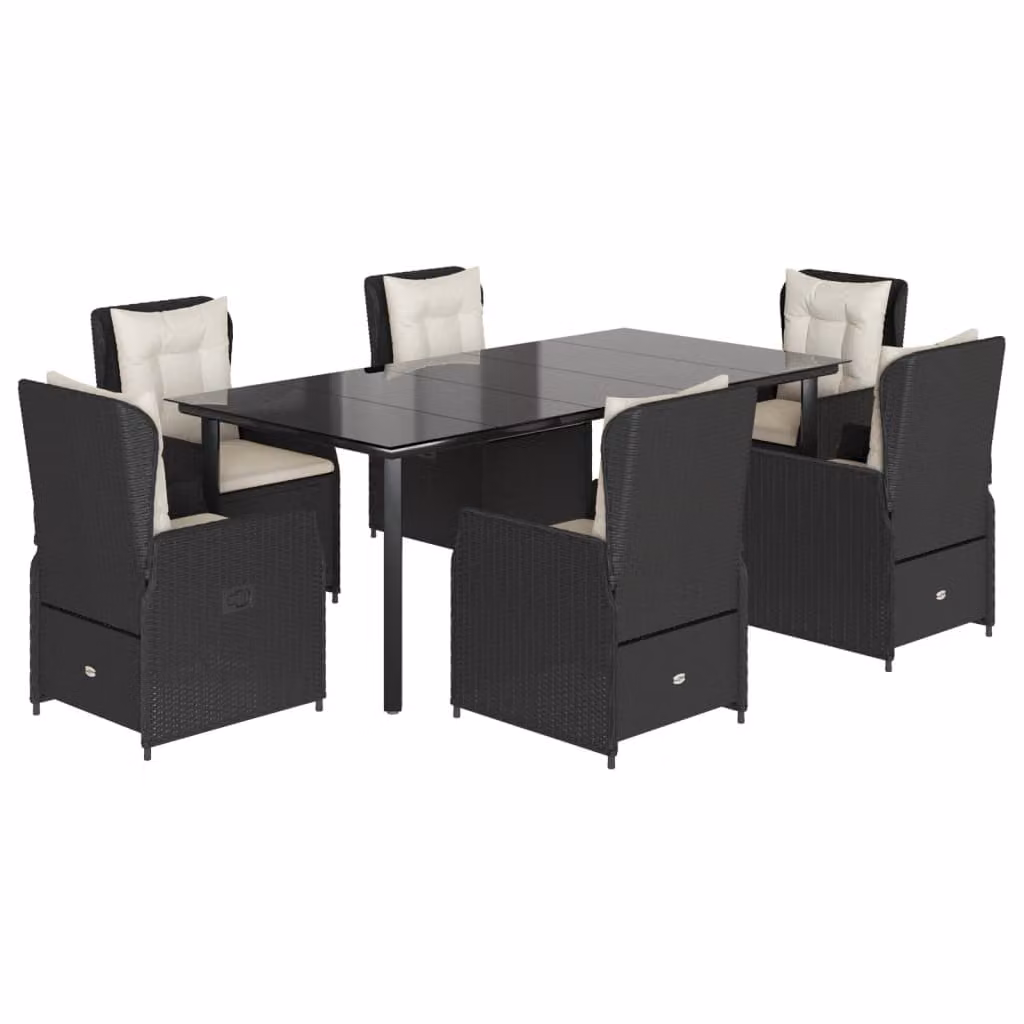 Set da Pranzo da Giardino 7 pz Nero con Cuscini in Polyrattan