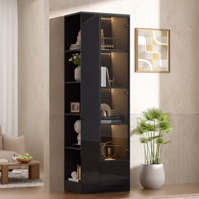 Vetrina con anta in vetro e LED regolabile; 50x35x160 cm; truciolare e vetro nero