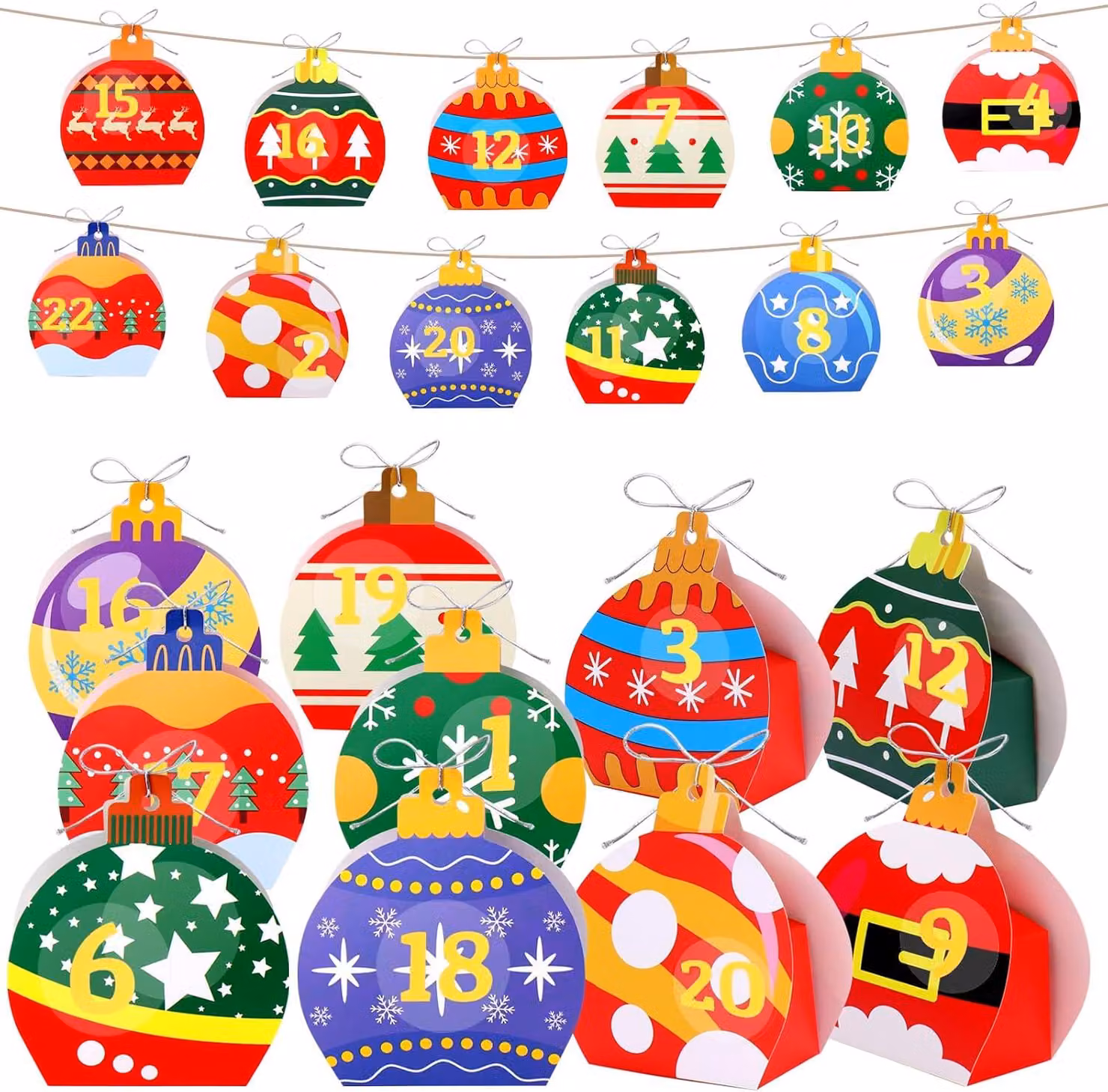 Calendario dell'Avvento da riempire - 24 scatoline per il calendario dell'Avvento, con 24 adesivi numerati e 10 metri di nastro - Decorazioni natalizie fai-da-te - Scatole regalo