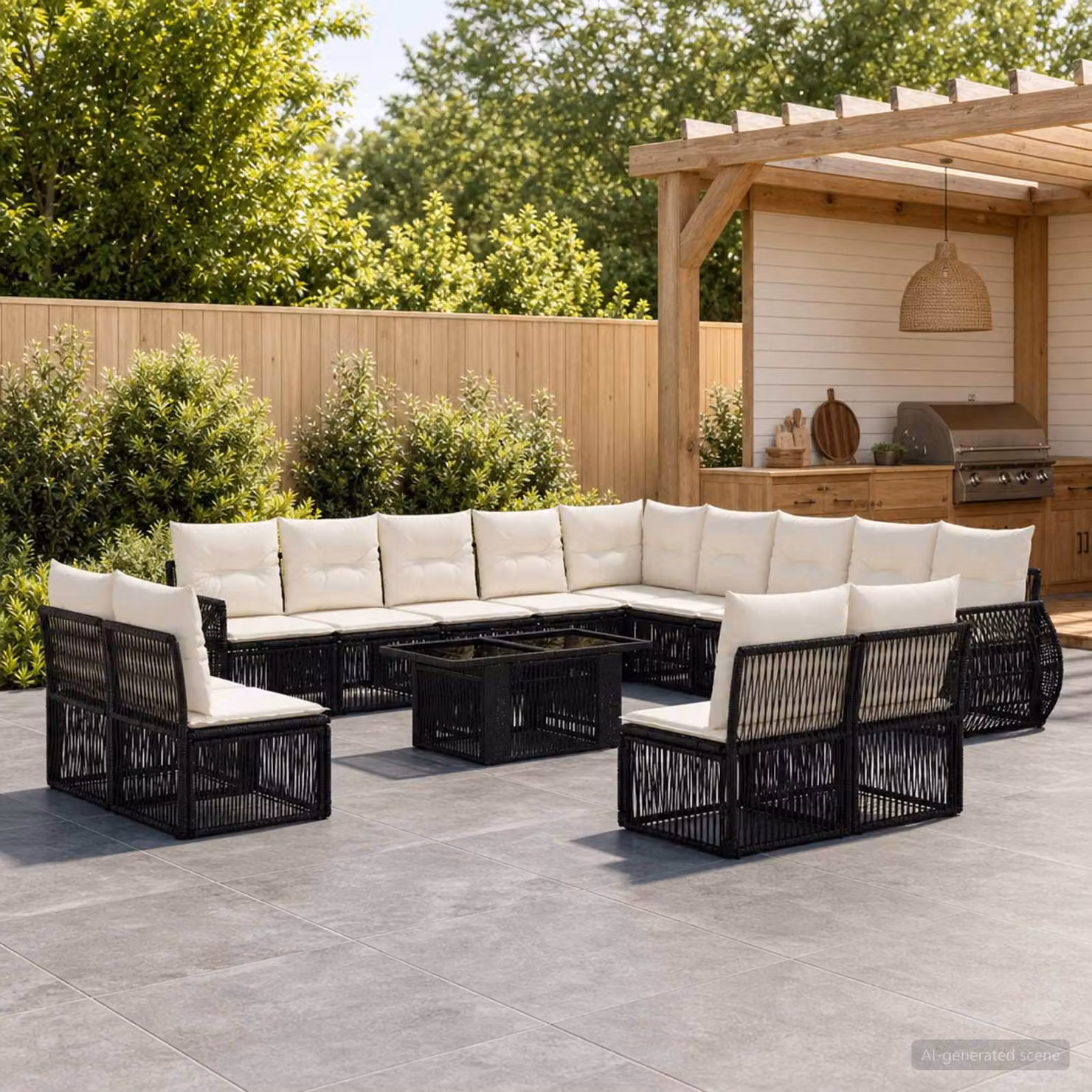 Set Divano da Giardino vidaXL 14 pz in Polyrattan con Cuscini e Tavolino, Nero e Bianco Crema
