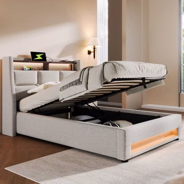 Letto singolo 90 × 200 cm con vano contenitore, LED regolabile, 2 porte USB e mensola, senza materasso, beige