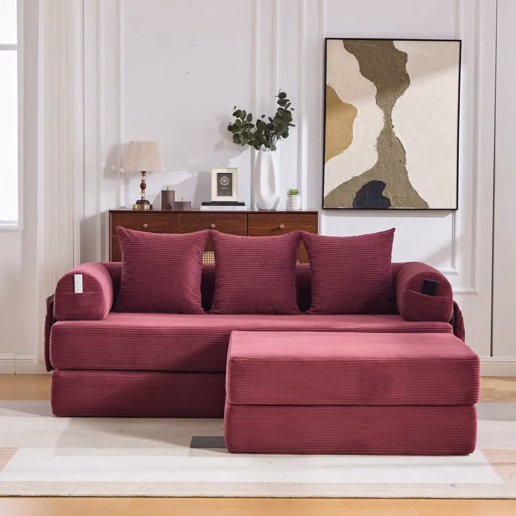 Divano modulare L Mivray in velluto a coste rosso con pouf e 3 cuscini – 2