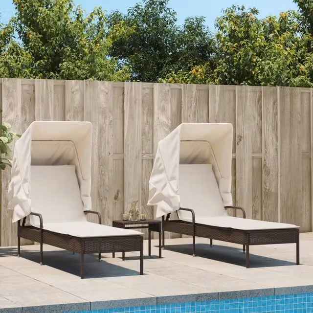 Lettini Prendisole 2 pz con Baldacchino e Tavolino Polyrattan 3261570