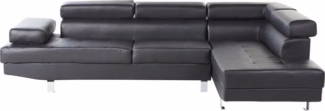 Divano ad angolo BELIANI in ecopelle nera con poggiatesta regolabile e struttura in metallo, L/P/H: 262 x 169 x 85 cm