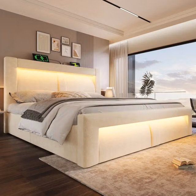 Desviae Lit coffre 160 × 200 cm 2 posti con LED, USB, Type-C e contenitore, con materasso, in velluto, beige