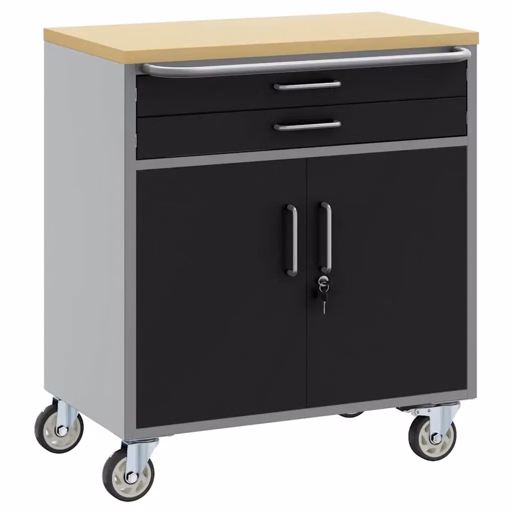 Carrello da lavoro con rulli vidaXL in acciaio e legno, Nero e Grigio, L/P/H: 75 x 45 x 85 cm – 2