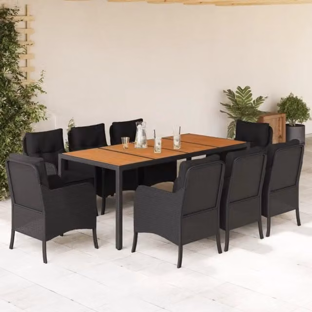 Set da pranzo da giardino vidaXL in legno di acacia e polyrattan nero con 9 pezzi – 1