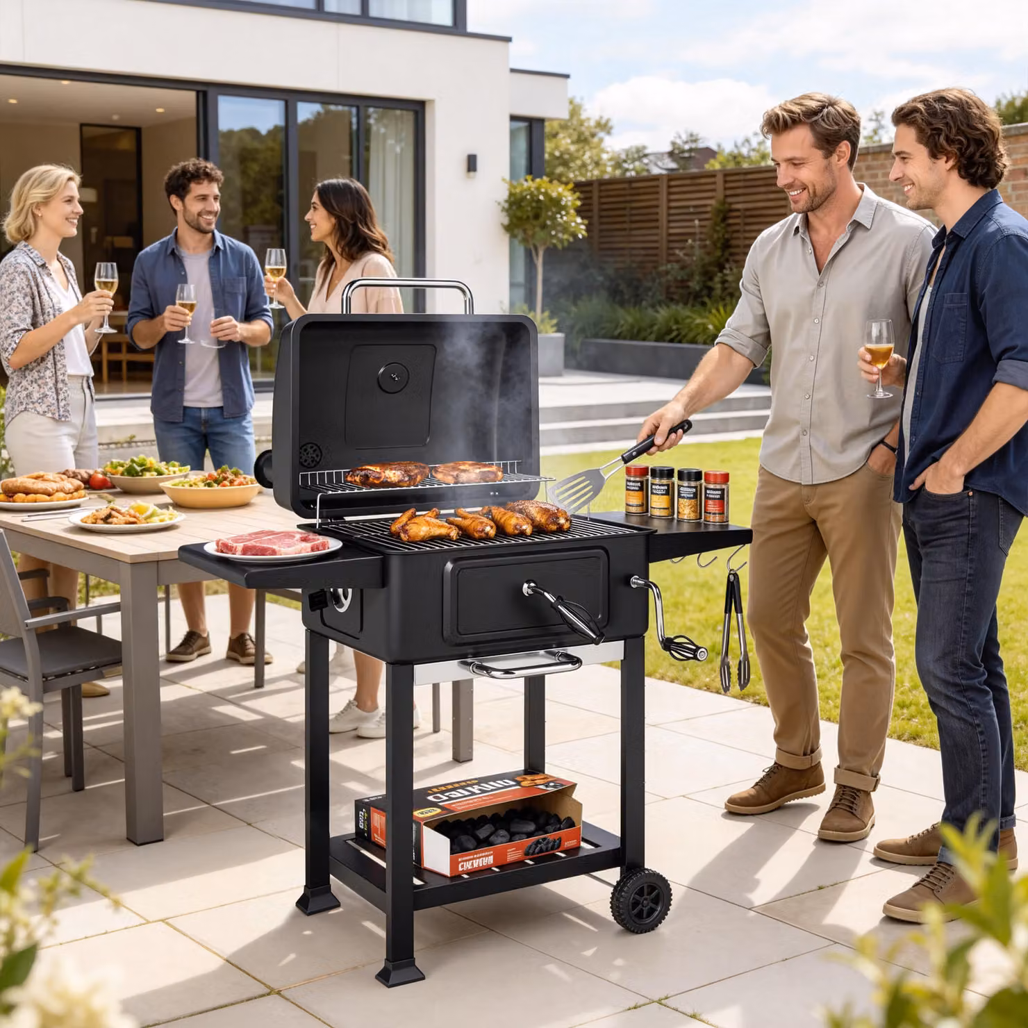 Barbecue a carbone Outsunny con griglia smoker e ruote, nero – 2