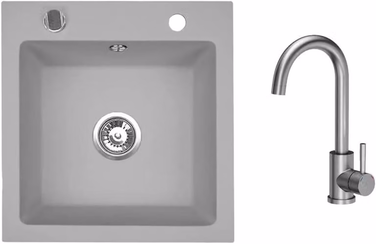 VBChome Lavello in granito 50 x 48 cm Grigio con rubinetteria Vasca singola Lavello da incasso Maculato Lavello di facile manutenzione con sifone Ideale per cucine piccole