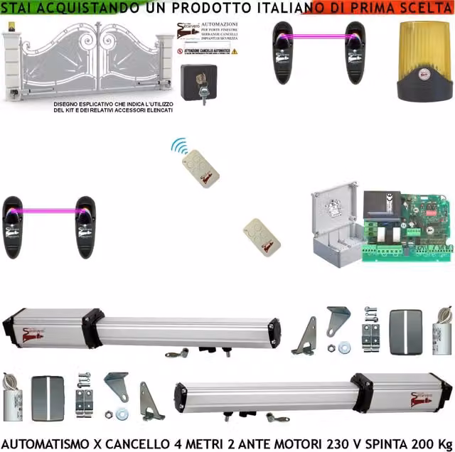 Apricancello 4 Metri 2 Ante da 2 MT Kit Base 2 Motori Elettromeccanici 230 V Sblocco Corsa 300 mm Spinta 2 Q.ntali Staffe 2 Radiocomandi 2 Coppie Fotocellule Selettore 2 Chiavi Faro Cartello Monitore