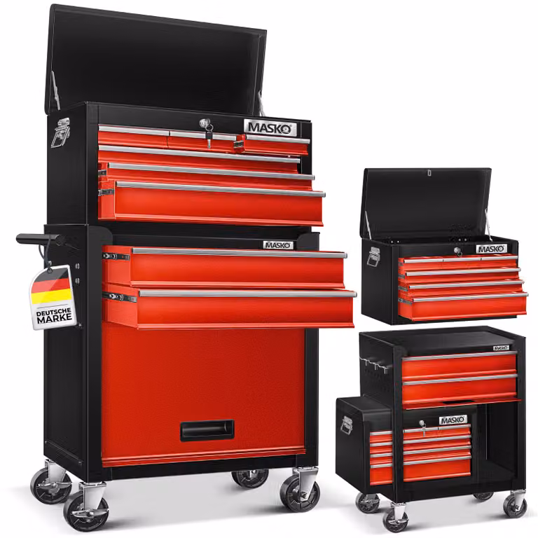 Carrello da officina MASKO® con serratura, 9 scomparti, struttura in metallo massiccio, completo di valigetta, senza attrezzi