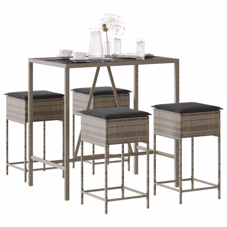 Set Bar da Giardino vidaXL 5 pz in Polyrattan e Metallo con Piano in Vetro Grigio e Nero