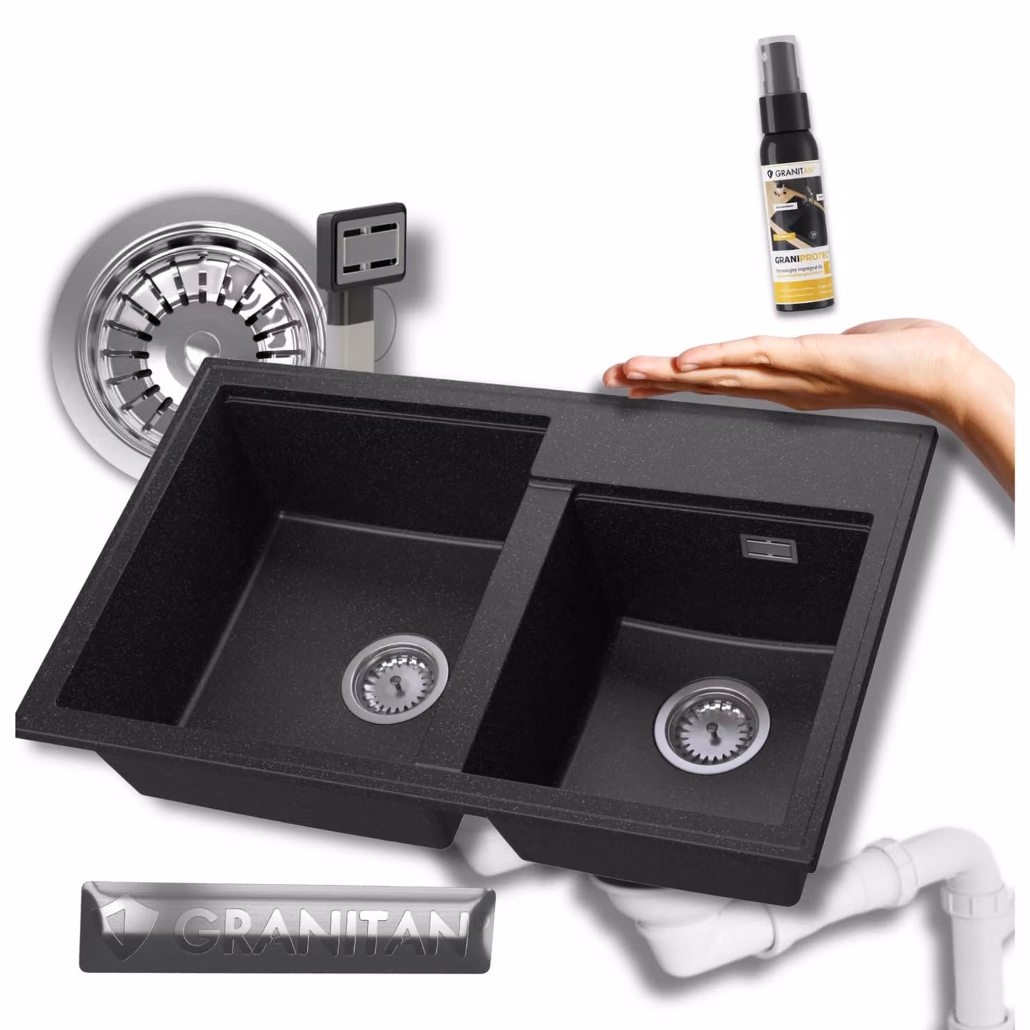 Granitan - Lavello in granito - Lavandino 80x50 cm - Lavello cucina nero - con sifone - HEKTOR