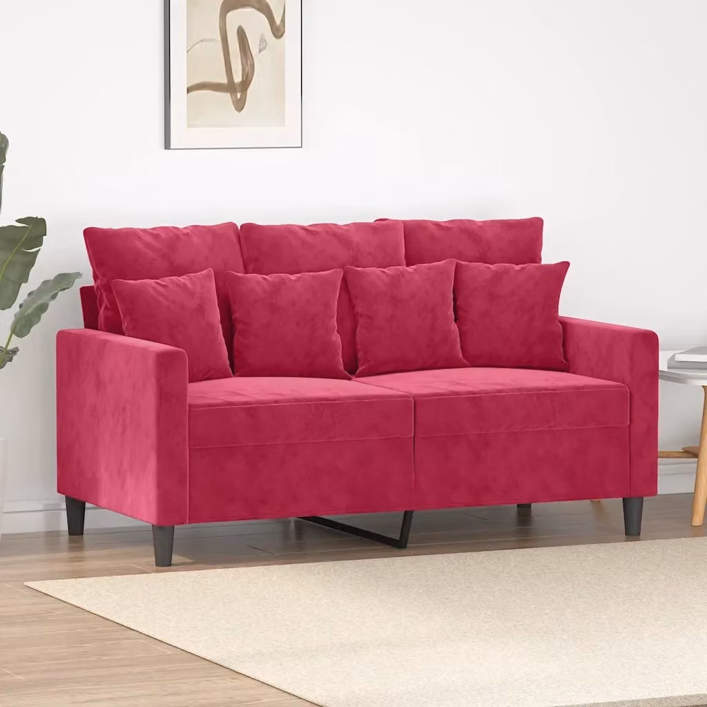 Divano moderno da soggiorno in velluto rosso con struttura in metallo e cuscini inclusi L: 138 cm, P: 77 cm, H: 80 cm – 2