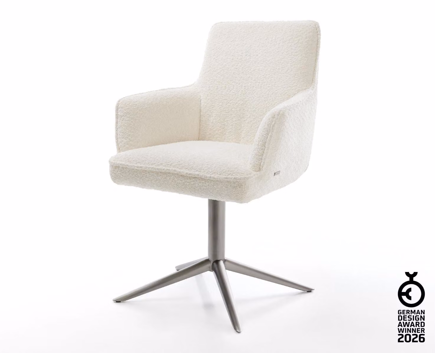 Sedia girevole DELIFE Heira-Flex con braccioli Bouclé bianco Base grafitica Girevole a 360° Funzione oscillante Materasso a molle insacchettate