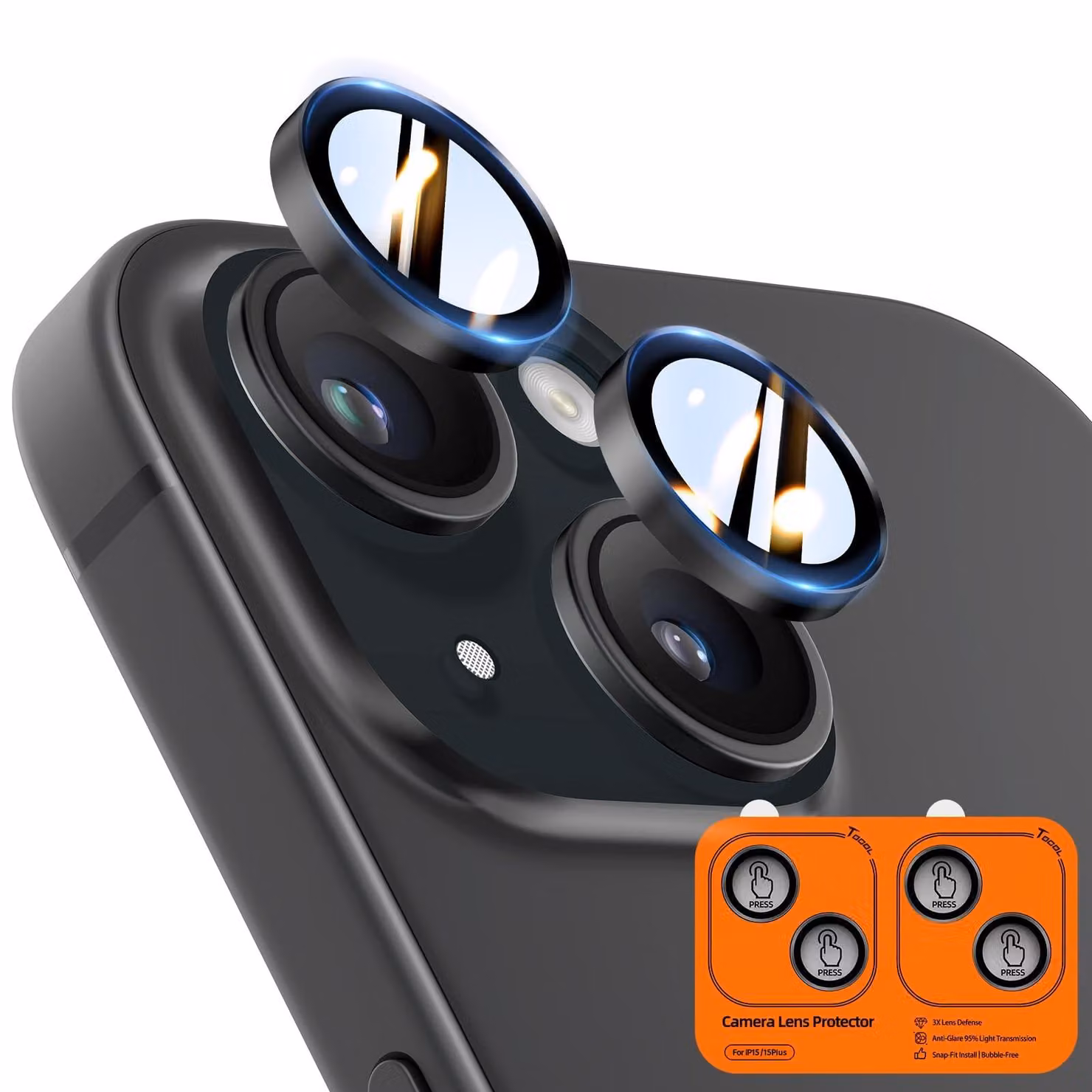 Protezione per l'obiettivo della fotocamera per iPhone 15/15 Plus, pellicola in vetro temperato